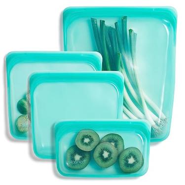 Imagem de Stasher Bolsa de armazenamento reutilizável de silicone de grau alimentício Platinum, Aqua (pacote com 4 unidades) | Reduz plástico de uso único | Cozinhar, armazenar, Sous Vide, ou congelar | À prova