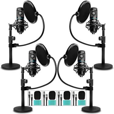 Imagem de MOVO 4-Pack Universal XLR Podcast Microfone Bundle- Inclui 4 Microsoft CardioID Condensador, Suportes de Micros do Desktop, Filtros POP, Montagens de Choque e Cabos para Zoom, Laptop, Telefone - Home Studio Starter Kit