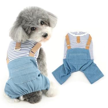 Imagem de Ranphy Macacão jeans para animais de estimação, camisetas listradas fofas para cães pequenos, meninas, meninos, filhotes, macacões clássicos com bolso, roupas de primavera e verão, roupas Yokie