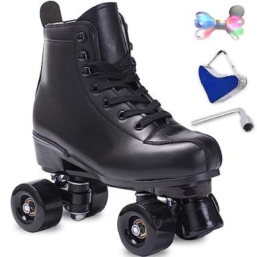 Imagem de Patins de patins femininos masculinos de couro PU de cano alto patins clássicos de duas fileiras patins ao ar livre interno quad-patins com cadarços iluminados (roda preta preta, 38-EUA masculino 6 = feminino 7)