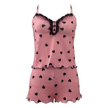 Imagem de Ztexkee Conjunto de pijama feminino, decote em V, top de renda e shorts de cintura elástica, conjunto de pijama estampado, rosa, 3G