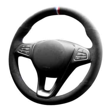 Imagem de Alfanxi Costura à mão Itália Alcantara Capa para volante de carro envoltório para Mercedes-Benz E-Class/GLE/GLS/Metris (Alcantara preto + listras de três cores)