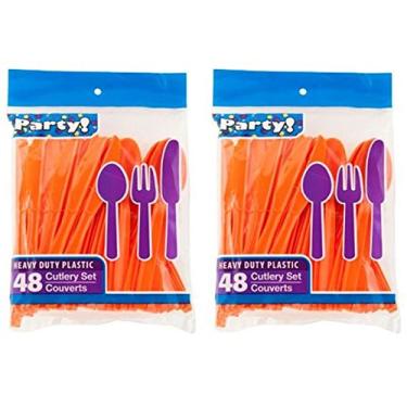 Imagem de Conjunto de talheres de plástico resistente em laranja 32 colheres 32 garfos 32 facas