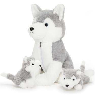 Imagem de Muiteiur Cachorro de pelúcia macio Husky de pelúcia com zíper na parte interna com 2 filhotes fofos, ótimo conjunto de presente para crianças, 40 cm