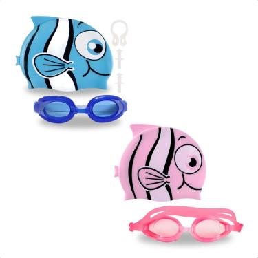 Imagem de Kit Natação Infantil Peixe Menino E Menina Touca Toca Óculos Mergulho Silicone Com Protetor 5 Peças
