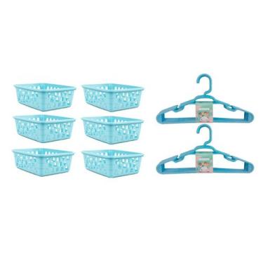 Imagem de Kit 6 Cestos Organizador 16x12x6Cm Azul + 10 Cabide Infantil 123Organi