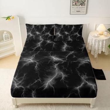 Imagem de QOOMO Jogo de lençol casal com raio branco, moderno, neon brilhante, confortável, respirável, refrescante, 1 lençol com elástico, 1 lençol de cima, 2 fronhas