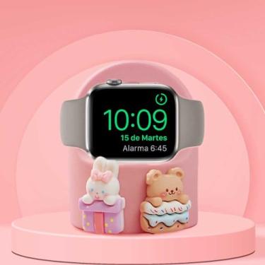 Imagem de Suporte de carregador fofo urso rosa coelho para Apple Watch Series, suporte de mesa de silicone para iWatch, bonito suporte de estação de carregamento para iWatch, suporta modo criado-mudo