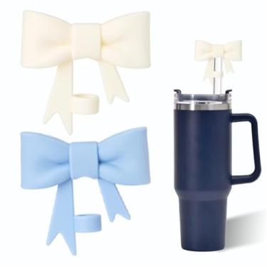Imagem de Capa de canudo de laço branco e azul bege para copo Stanley de 40 e 850 g, tampa de cobertura de palha de silicone de 100 mm para acessórios de copo Stanley, bonito topo de palha para copos, tampa de