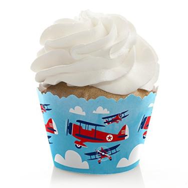 Imagem de Taking Flight – Avião – Decorações vintage para chá de bebê ou festa de aniversário – Embalagem de cupcake de festa – Conjunto de 12