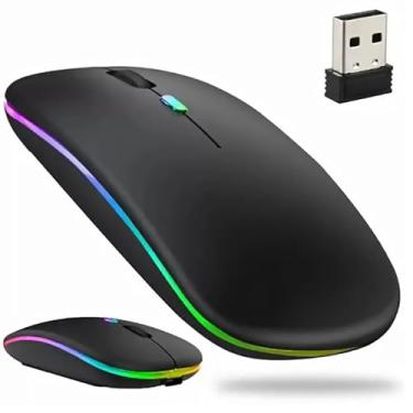 Imagem de Mouse Sem Fio Recarregável com Led, Design Ergonômico, Conexão Dual Bluetooth 5.0/USB 2.4GHz, DPI Ajustável, Silencioso (Preto)