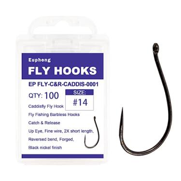 Imagem de Eupheng Ganchos de pesca com mosca, pacote com 100 peças, anzóis de pesca sem barbless catch & release dry wet ninfa camarão e pupa, serpentina, caddis, jig, Scud moscas anzóis de pesca (#14, EP Fly-C&R-CADDIS-0001)