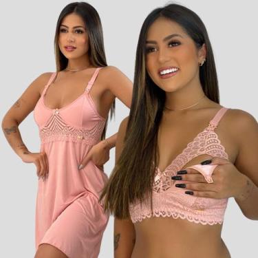 Imagem de Kit Amamentação Camisola Renda + Sutiã Renda Poliamida Gestante - Char