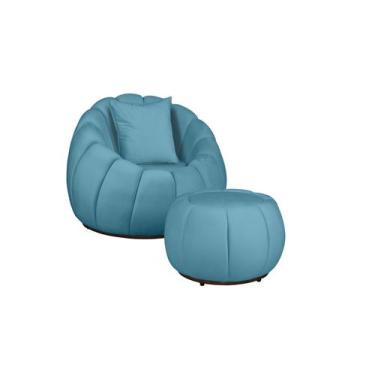 Imagem de Kit Poltrona Decorativa C/Puff e Almofada Concha Veludo Azul Turquesa 