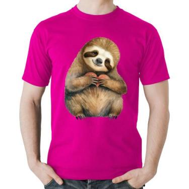 Imagem de Camiseta Algodão Bicho Preguiça Coração - Foca na Moda, Rosa, G