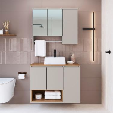 Imagem de Conjunto de Gabinete com Cuba Branca e Armário de Banheiro com Espelho Cecília 6 PT Mel e Arenas