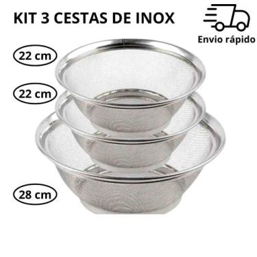 Imagem de Kit 3 Cestas em Inox Escorredor Multiuso 1 de 28cm + 2 de 22cm P/ Cozi