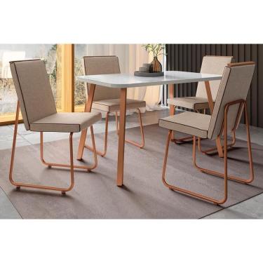 Imagem de Conjunto Mesa Ariel Menor 1602 Tampo Madeirado c/ Vidro 120x80cm e 4 Cadeiras Lira Gelo/Off White Rose - Cobre/Linho Areia/-Carraro