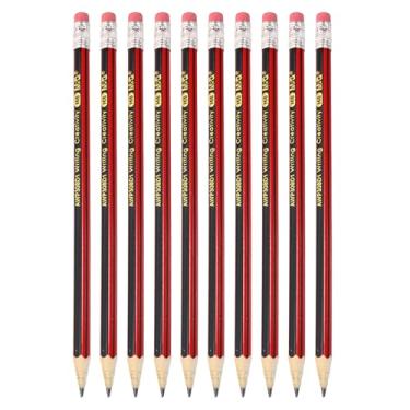 Imagem de M&G Lápis hexagonais de madeira, 10 lápis HB redondos de grafite com borracha para sala de aula, material de escritório, vermelho e preto