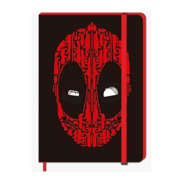 Imagem de Caderneta A5 Deadpool, 96 Folhas Pautadas, Capa Preta, Fechamento com Elástico, Marcador de Página em Fita de Cetim, Estilo Brochura, Ideal para Anotações. Pé de Lápis