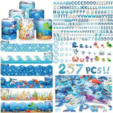 Imagem de Kosiz Conjunto de decoração colorida, acabamento de borda de sala de aula recortada de 36 metros com símbolo de número de letra de 257 peças para quadro-negro escolar (estilo mar)