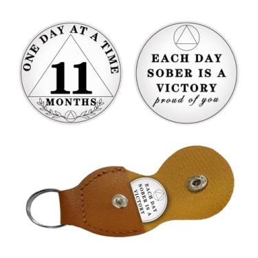 Imagem de Moeda Sobriety 11 meses Sober Anniversary ONE Day at A TIME AA Recovery Chip Recovery Token NA OA Great Sobriety Gifts for Men Women Alcoholics Anonymous PU Leather Keychain included