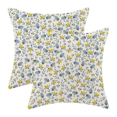 Imagem de AEIOAE Conjunto de 2 capas de almofada floral margarida azul amarela 45,7 x 45,7 cm, estampa de blocos vintage, almofadas decorativas para uso ao ar livre, capa de almofada floral de linho para