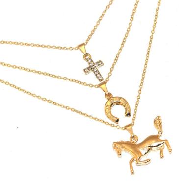 Imagem de Cordão Colar Triplo Country Cavalo Ferradura Folheado 18k