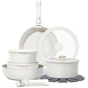 Imagem de Jogo de Panelas e Frigideiras Antiaderentes em Granito com 15 Peças e Cabo Removível, SODAY, Branco