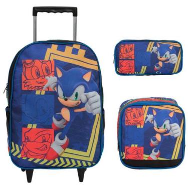 Imagem de Kit Mochila Infantil Rodinha Sonic Lancheira Estojo Escolar - Plike