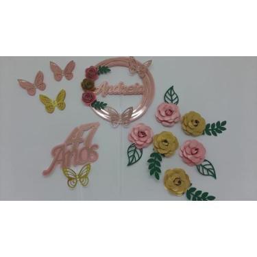 Imagem de Topo de Bolo Flores Rose e Ouro com folhas verdes personalizado - MIWL