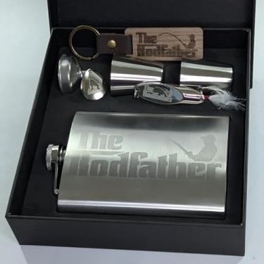 Imagem de The RodFather Flask Conjunto de presente: Presente de pesca engraçado - conjunto de garrafa anca, isca de colher de fundição, chaveiro de madeira, spinner (prata, conjunto de presente de pacote)