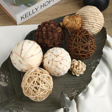 Imagem de CIR OASES Bolas decorativas de enchimento de tigela e vaso para decoração de casa, conjunto de 6 peças de bolas de vime de vime de tom natural decoração de mesa, enchimento de vaso decorativo para
