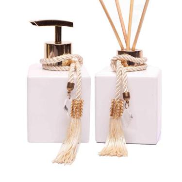 Imagem de Kit Lavabo Vidro Cubo Branco 250ml Banheiro Difusor Porta Saboneteira 