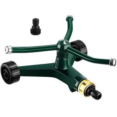 Imagem de Tiangrid Aspersor giratório de metal para gramado com 3 braços, resistente, 360 graus, rotativo, com base com rodas para quintal, jardim, quintal, cobertura de até 538 pés quadrados (verde, 1 peça)
