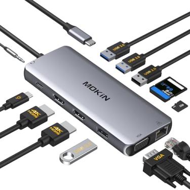 Imagem de Estação de ancoragem USB C, monitor duplo, adaptador HDMI duplo 12 em 1, hub USB C com VGA, Gigabit Ethernet, 100W PD, 4 portas USB, SD/TF