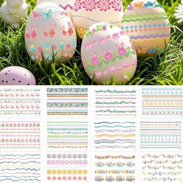 Imagem de 16 folhas de adesivos de tatuagem de ovos de páscoa decalques coloridos engraçados adesivos fofos coelho pintinho flor estrelas ovos tatuagem arte design decalques DIY decoração de festa suprimentos