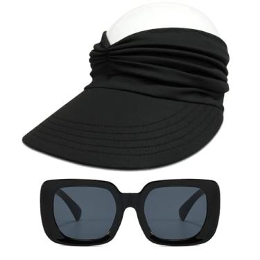 Imagem de AUSQUQI Conjunto de chapéu de viseira de sol e óculos de sol retangulares retrô — chapéu de sol feminino dobrável leve e óculos de sol grossos modernos para viagens e praia (preto/preto), Preto/preto
