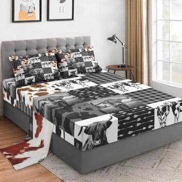 Imagem de WeCozy Jogo de lençol solteiro com fronhas, estampa animal de vaca Highland, 3 peças, roupa de cama de microfibra macia para crianças e adultos, lençol com elástico para decoração de cama de quarto