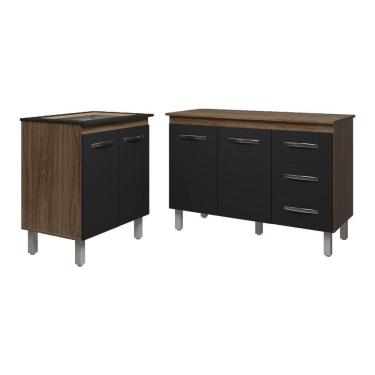 Imagem de Balcão Para Cooktop 4 Bocas Fran E Armário Bruna 118 Cm Cozinha Gabinete Preto Com Tampo Tampão