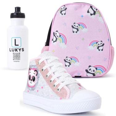 Imagem de Kit Tênis Infantil Feminino Panda + Mochila Garrafinha - LUKYS CALÇADO