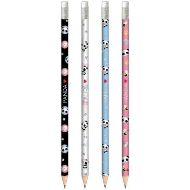 Imagem de Kit 04 Lápis Preto com Borracha Redondo Nº2 HB Panda Estampas Sortidas