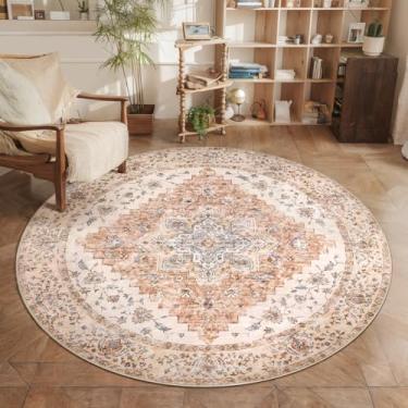 Imagem de Ciicool Boho Tapete redondo de 1,5 x 1,5 m lavável para quarto tapete de entrada oriental antiderrapante para sala de jantar (creme/tijolo vintage)