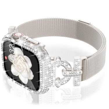 Imagem de WINGLE Pulseira feminina de malha magnética de metal com glitter brilhante, pulseira elegante para Apple Watch Watch Watch de 40 mm, série SE 3/2/1 6 5 4