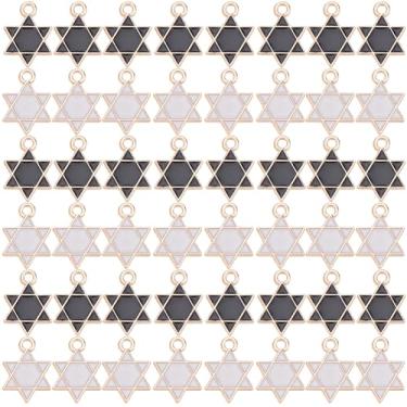 Imagem de SUNNYCLUE Pingentes de estrela de Davi, 80 peças, pingentes de estrela de ouro, liga esmaltada, preto e branco, pingente de estrela de Davi de seis pontas para fazer joias, berloques, artesanato