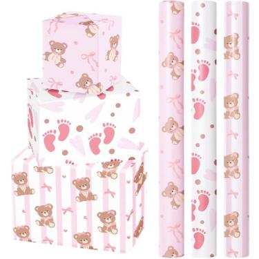 Imagem de WRAPAHOLIC Papel de embrulho Bear Baby Shower – Mini rolo – 3 rolos – 43 cm x 300 cm – Urso de pelúcia Coquette com laço de fita rosa papel de embrulho para chá de bebê, aniversário de meninas