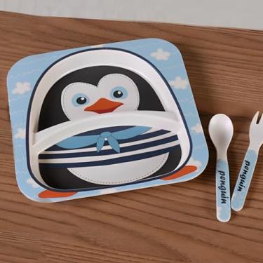 Imagem de Prato e talher para bebês. Kit com 3 peças. Introdução alimentar. Modelo Pinguim.
