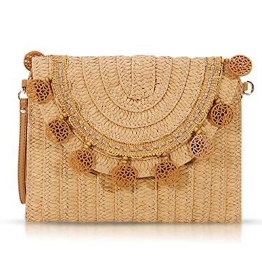 Imagem de QTKJ Bolsas transversais para mulheres, bolsas de mão, bolsa de praia de palha, bolsa de tecido boêmio feita à mão, bolsas pendentes de alça redonda para mulheres férias, viagens (cáqui), Caqui