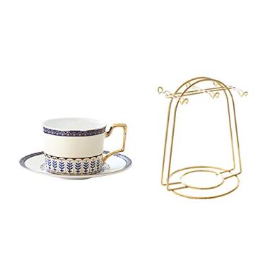 Imagem de AKALNNB Conjunto de chávenas de chá de 6 peças, conjunto de chávenas de chá de luxo europeu de cerâmica e pires de xícara de café com suporte para chá e cozinha