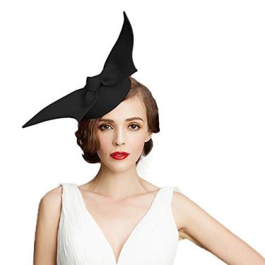 Imagem de F FADVES 100% lã caixa de comprimidos chapéu de casamento feminino asas de anjo chapéu fascinador chapéu feltro coquetel chá festa fedoras, Preto, P